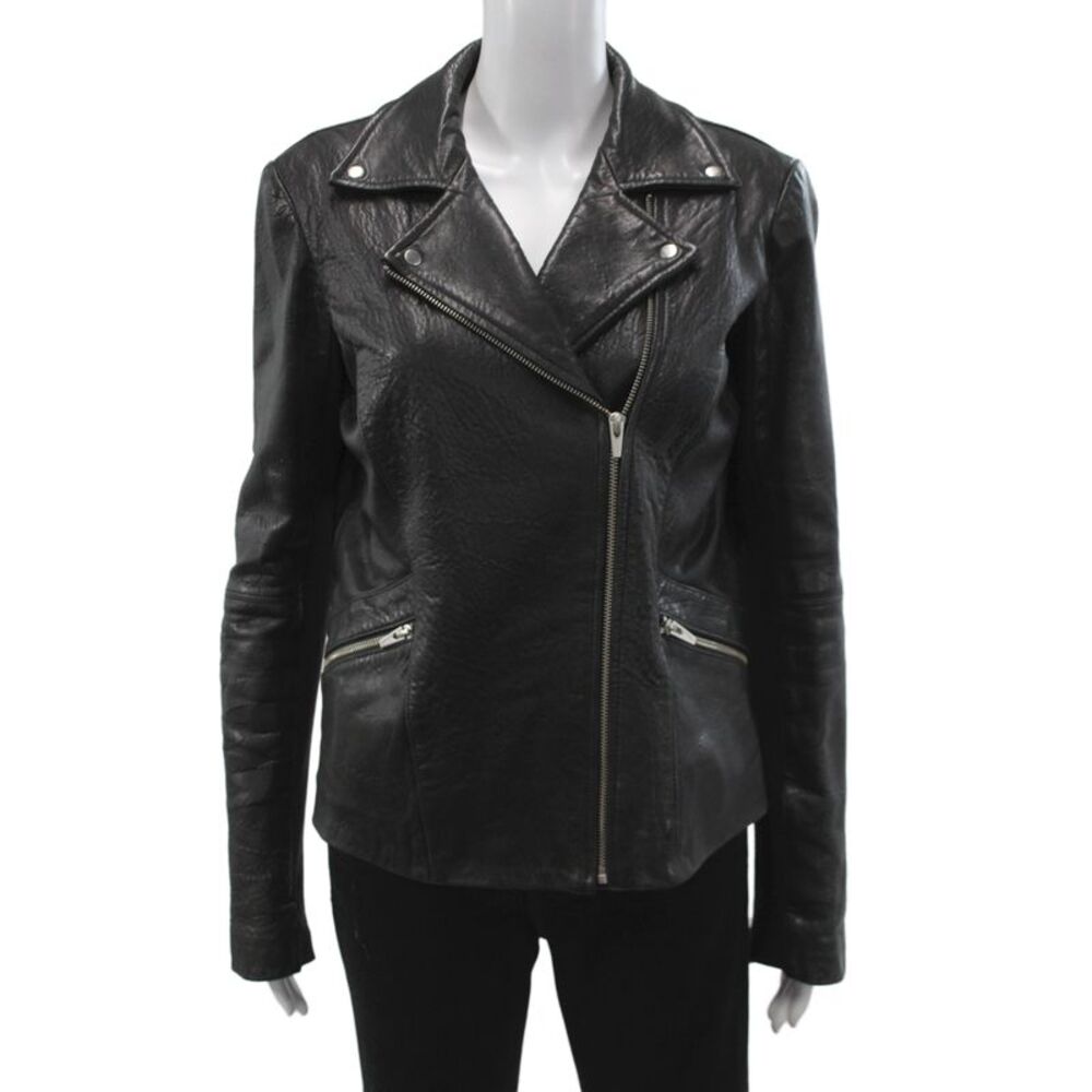 Veda Women Black Lamb Leather Biker Jacket Zip Long Sleeve Size L
